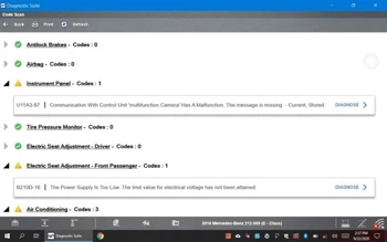 Screenshot of ZEUS diagnostic tool performing a code scan reading that there is a loss of communication with the multifunction camera